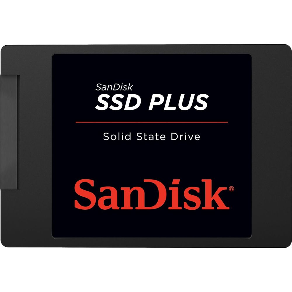Czarny dysk SanDisk SSD Plus z czerwonym logo i tekstem.