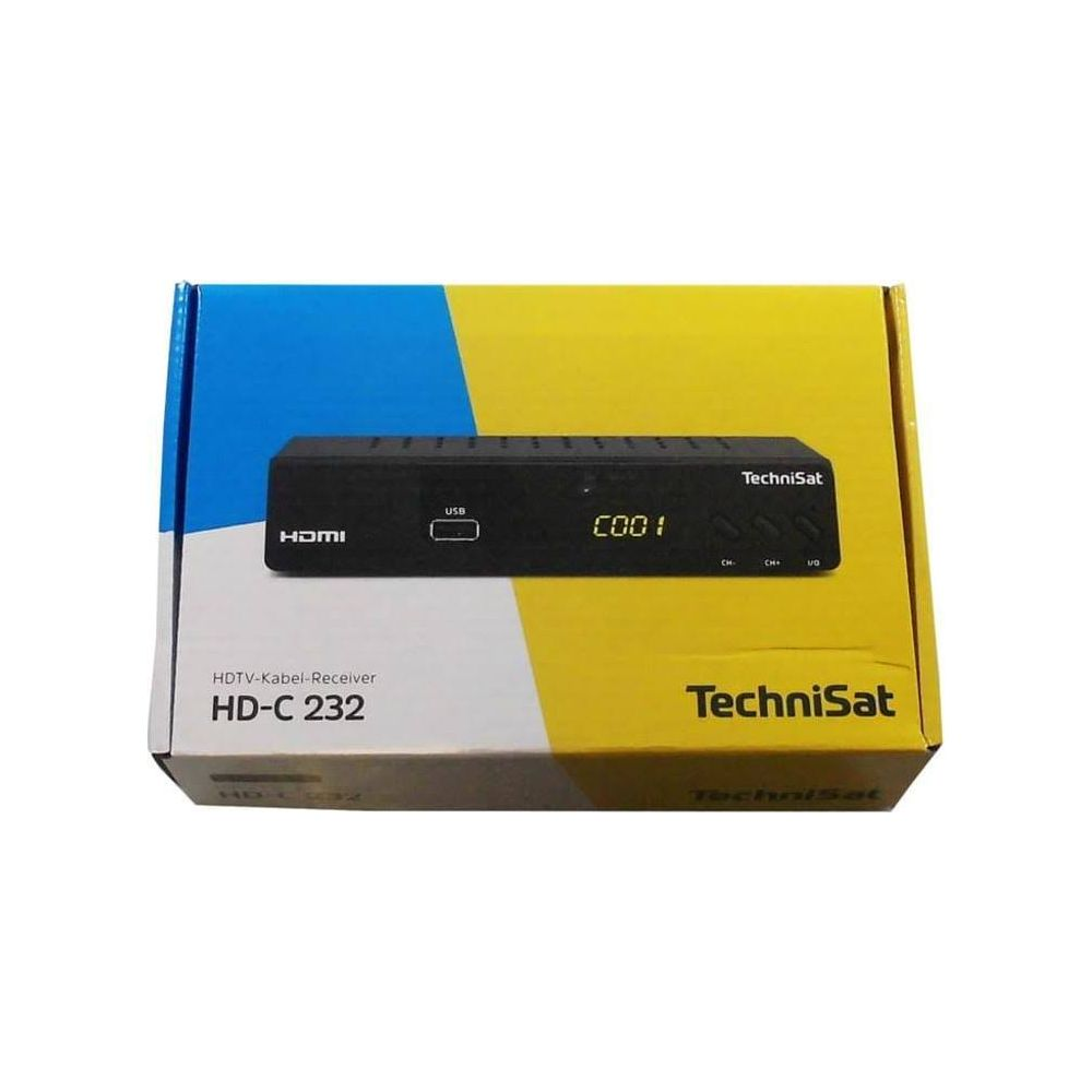 TechniSat HDTV-Kabel-Receiver HD-C 232 auf einer gelb-blauen Verpackung.
