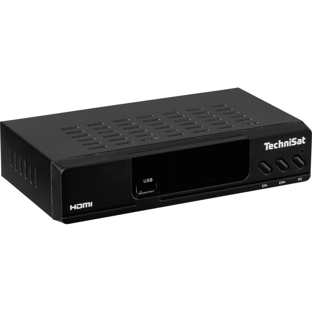 Ein schwarzer TechniSat Digitalreceiver mit HDMI- und USB-Anschlüssen sowie Bedientasten.