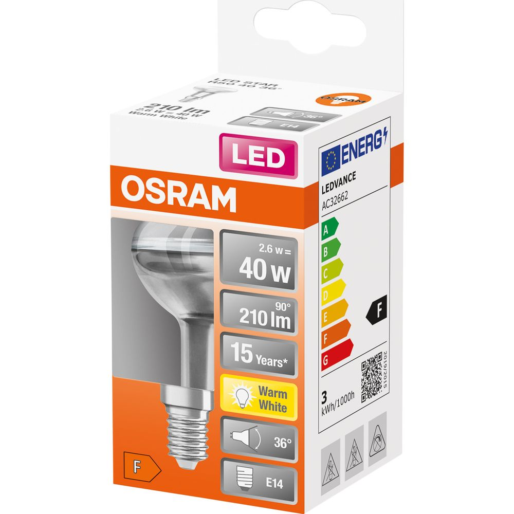 Żarówka LED OSRAM, 2.6W, 210lm, Ciepła Biel, 15 lat gwarancji, klasa F.