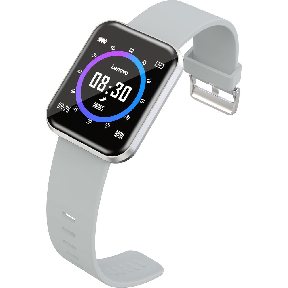 Reloj inteligente gris con pantalla digital que muestra las 08:30, fecha y día.