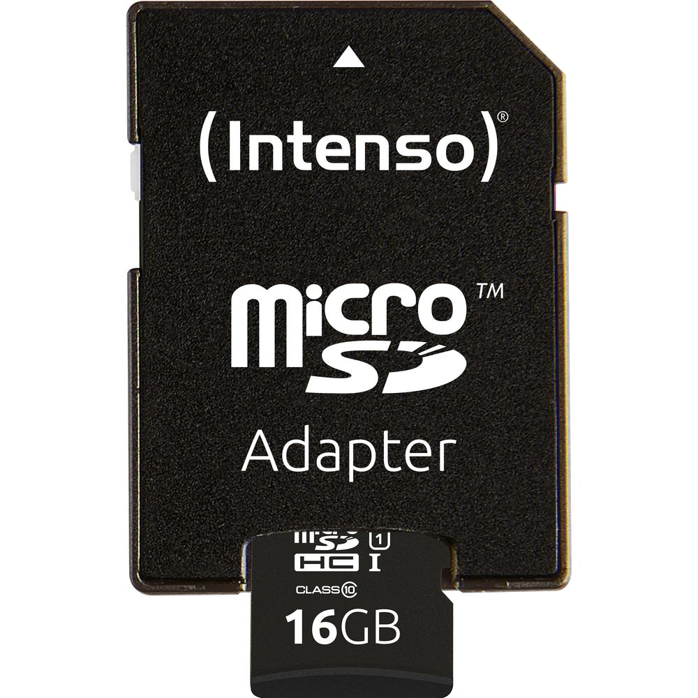 Een zwarte MicroSD-adapter met opschriften "(Intenso)", "micro SD" en "Adapter".