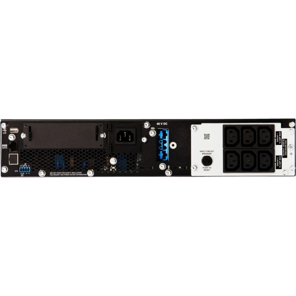 Pannello posteriore di un UPS nero con varie porte: USB, EPO, ingresso DC 48V, interruttore e 6 prese di corrente.