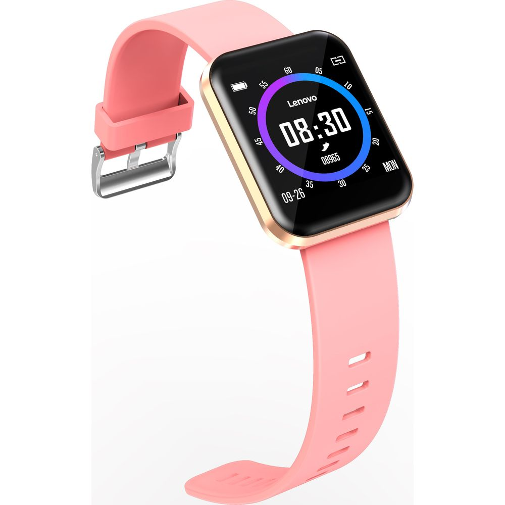 Uno smartwatch rosa con display digitale che mostra le 08:30.