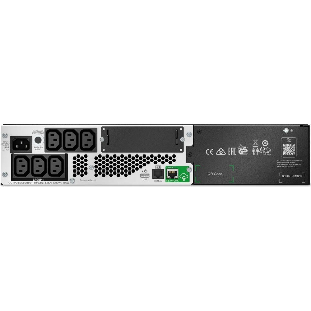 Rückseite eines schwarzen UPS-Geräts mit Anschlüssen, Beschriftungen und CE/EAC-Siegeln.