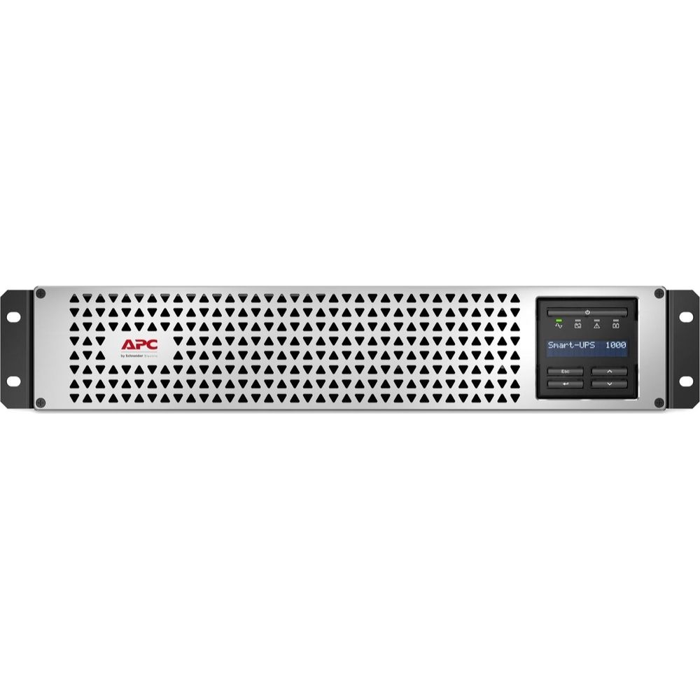 Silbernes APC Smart-UPS 1000 Rackmount-Gerät mit Lüftungsgitter und Display.