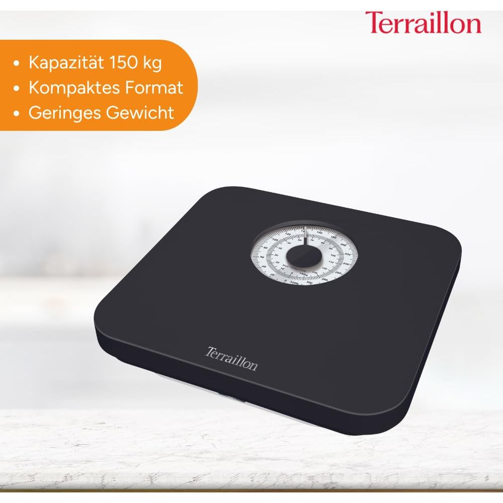 Czarna waga analogowa z logo Terraillon i udźwigiem 150 kg.