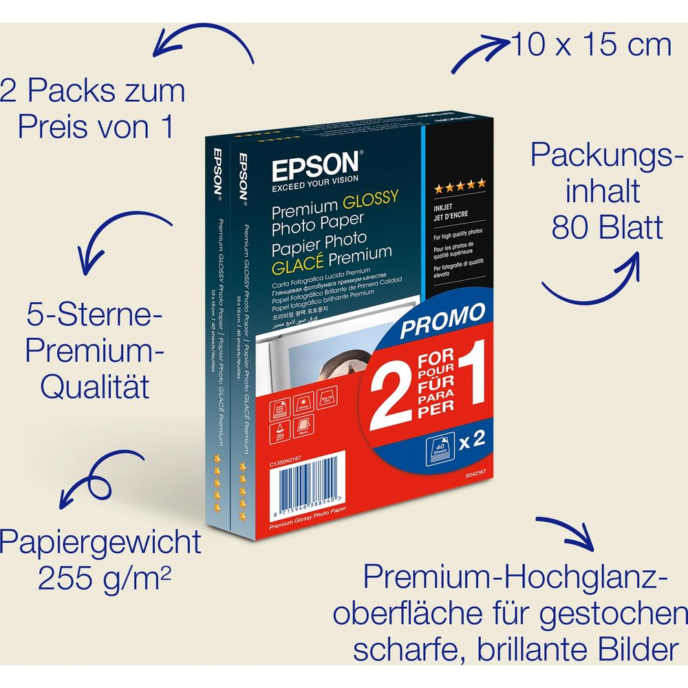 Papier fotograficzny Epson Glossy, 10x15cm, 80 arkuszy, 2 opakowania w cenie 1.