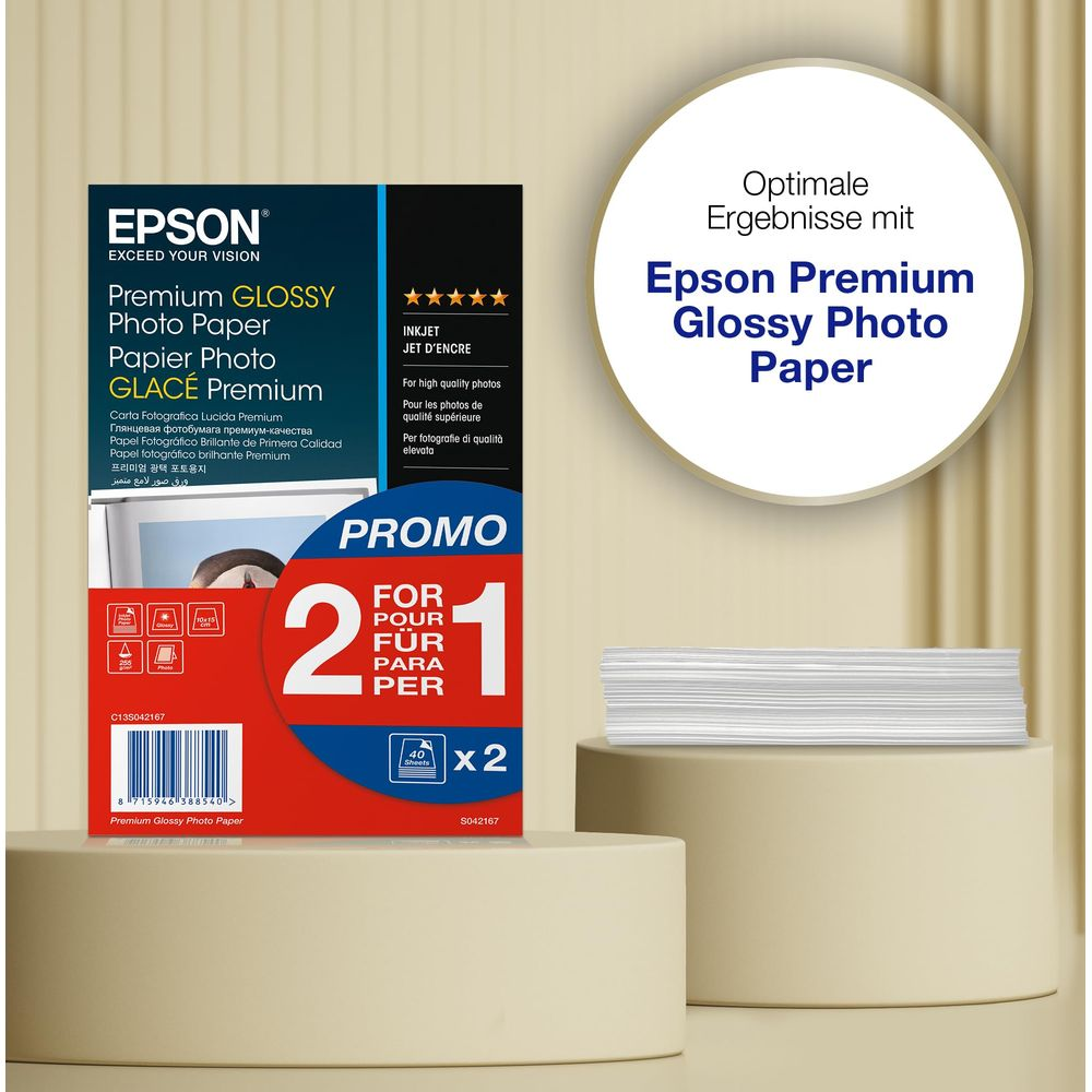 Opakowanie papieru fotograficznego Epson Premium Glossy, 2x40 arkuszy, promocja '2 za 1'.