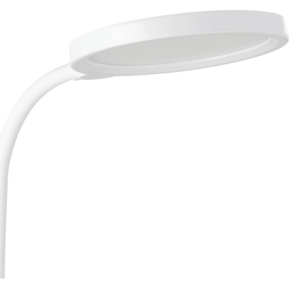 Une lampe de bureau blanche avec une tête ronde et un bras flexible.