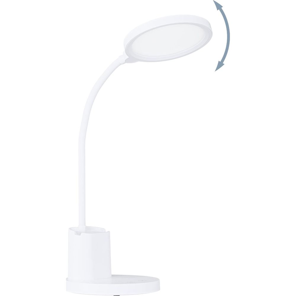 Une lampe de bureau blanche avec bras flexible et tête ronde.