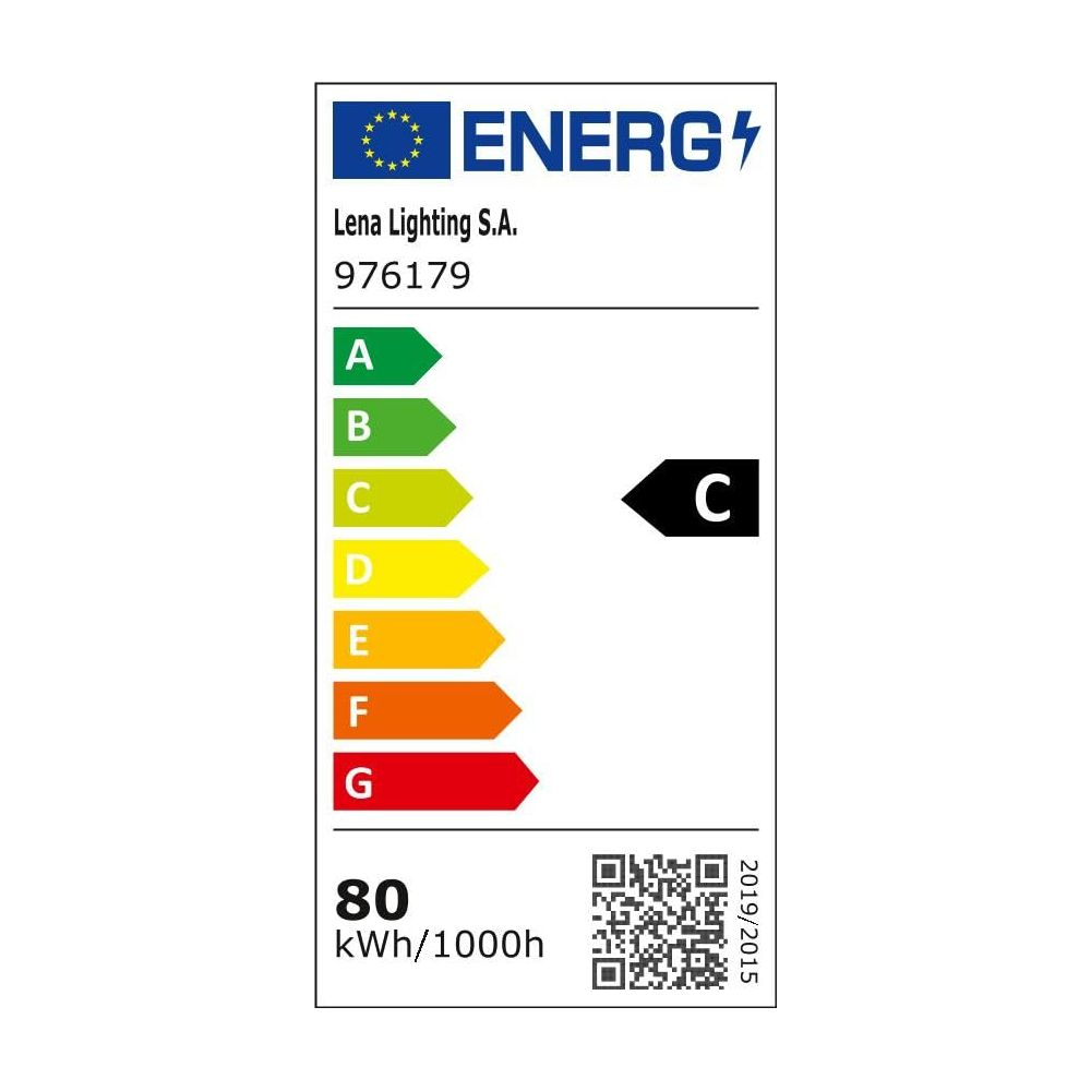 Etichetta energetica scala A-G, classe C, 80 kWh/1000h.