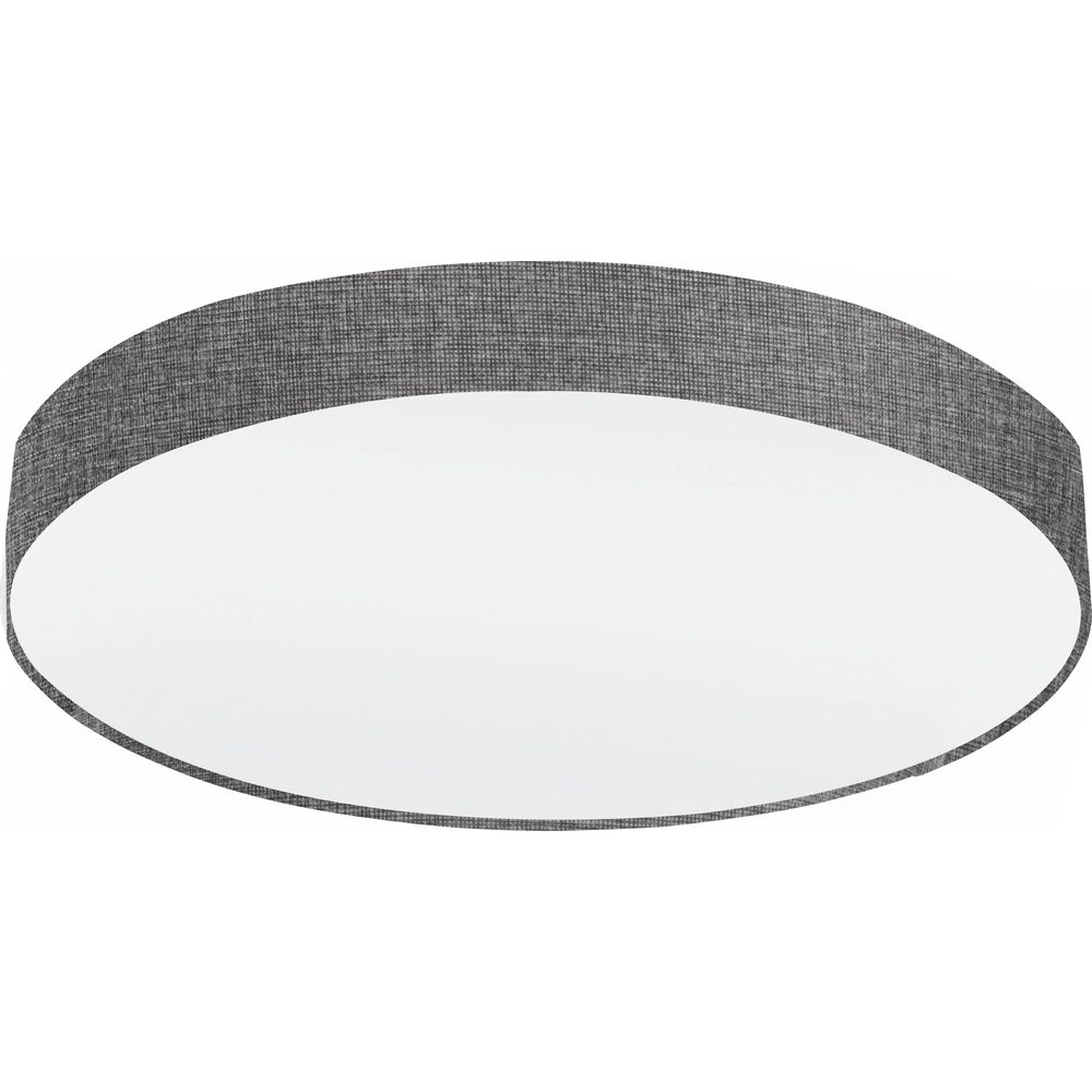 Lampada da soffitto rotonda con bordo in tessuto grigio e diffusore bianco.
