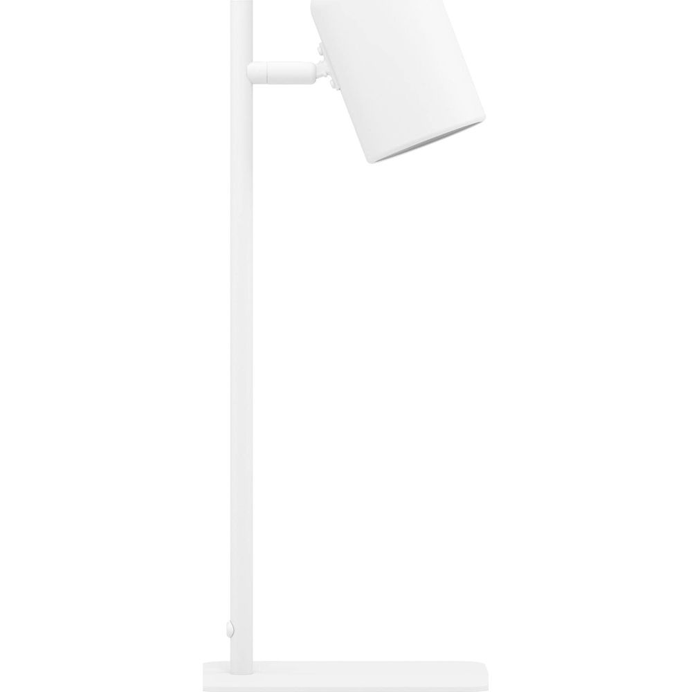 Eine weiße Schreibtischlampe mit einem verstellbaren Arm und Lampenschirm auf einem rechteckigen Sockel.