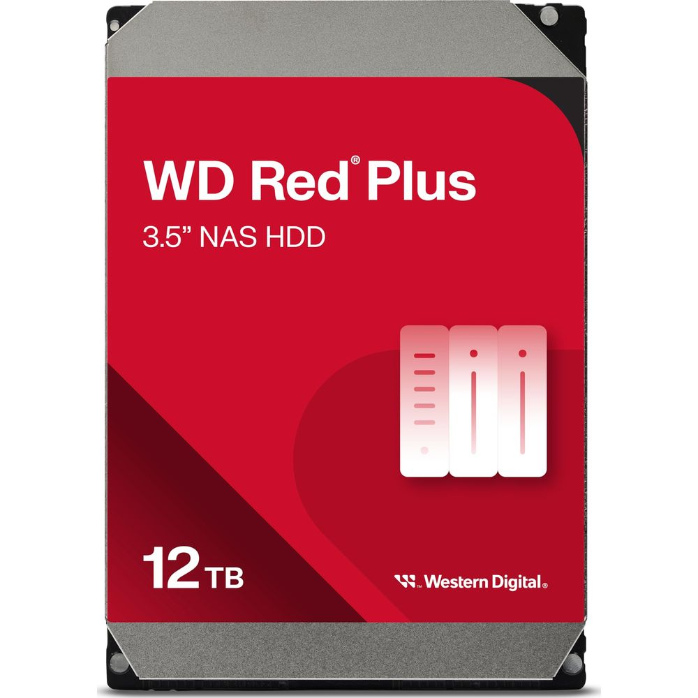 WD Red Plus 3,5" NAS HDD 12TB. Zawiera trzy białe ikony serwerów i logo Western Digital.