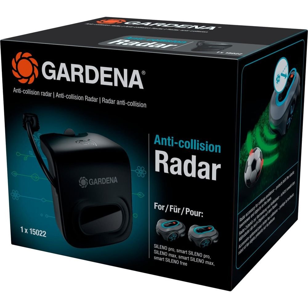 GARDENA Anti-Kollisionsradar-Verpackung mit schwarzem Gerät und Rasenmäher-Abbildung.