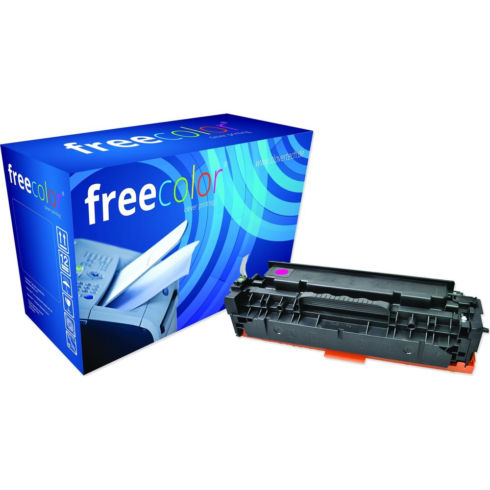 Una cartuccia toner Freecolor accanto a una scatola blu che mostra una stampante.