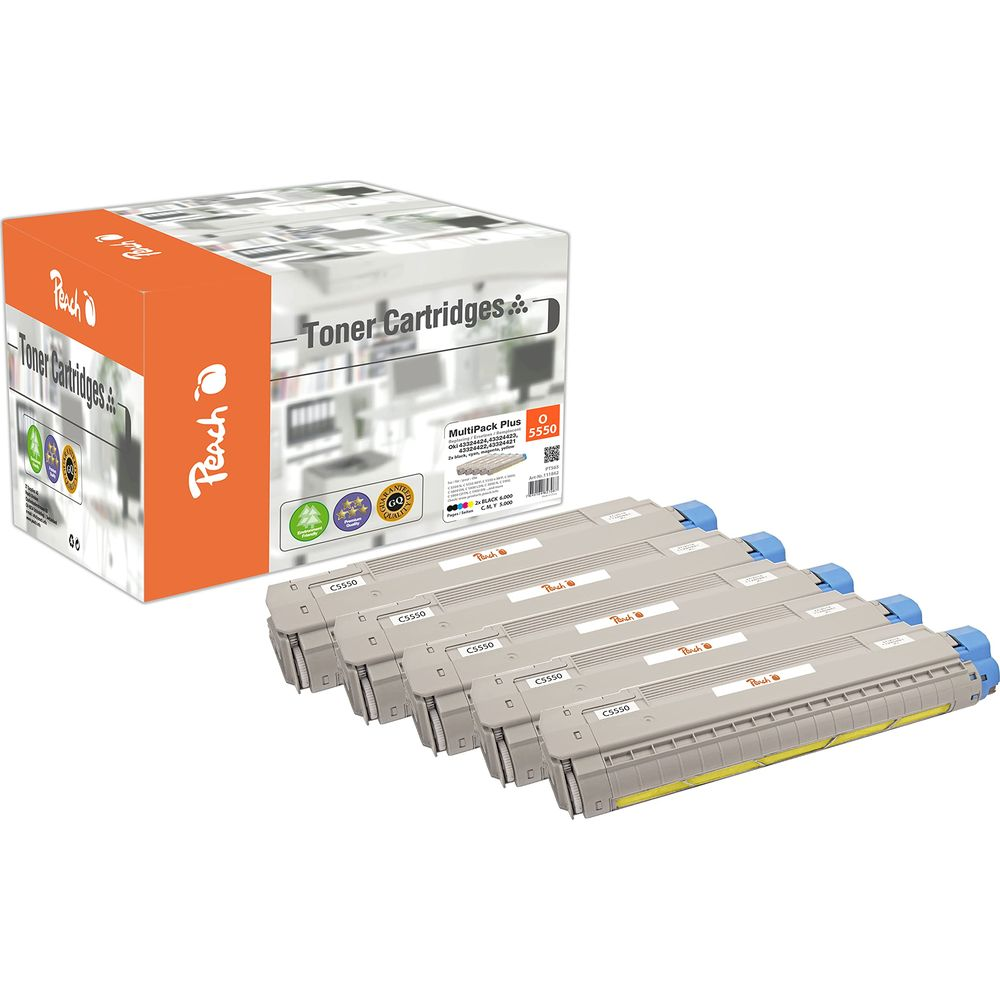 Lot de cinq cartouches de toner avec une boîte à côté.