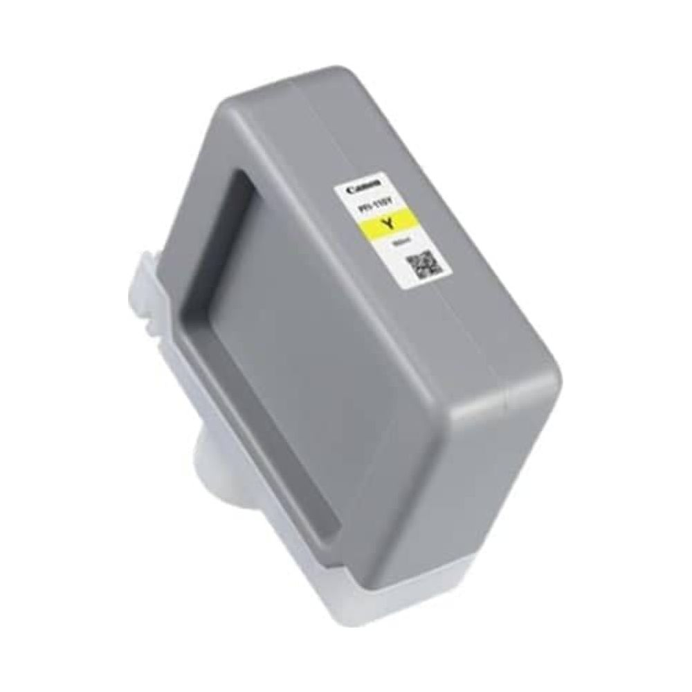 Szara kaseta z tuszem Canon z żółtą etykietą i kodem QR.