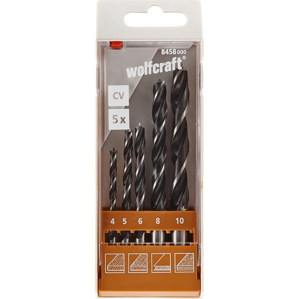 Juego de brocas para madera Wolfcraft: Cinco brocas de 4, 5, 6, 8, 10 mm.