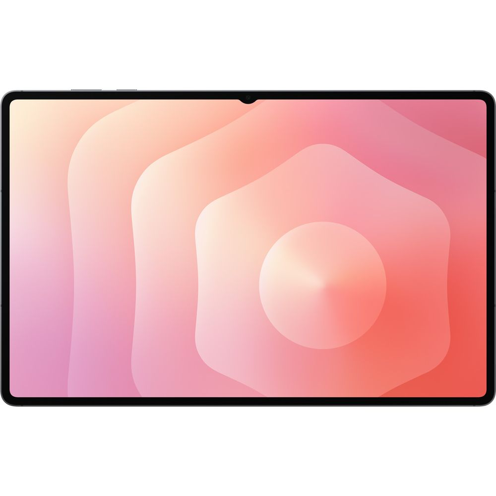 Tablet wyświetlający abstrakcyjny wzór w odcieniach różu i brzoskwini.