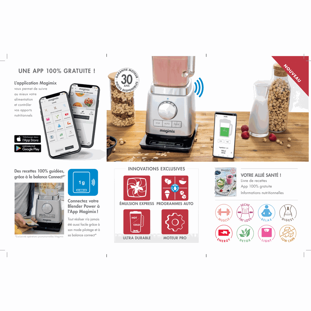 Magimix Mixer mit App-Anbindung, Waage, Rezepten und Gesundheitsfunktionen.