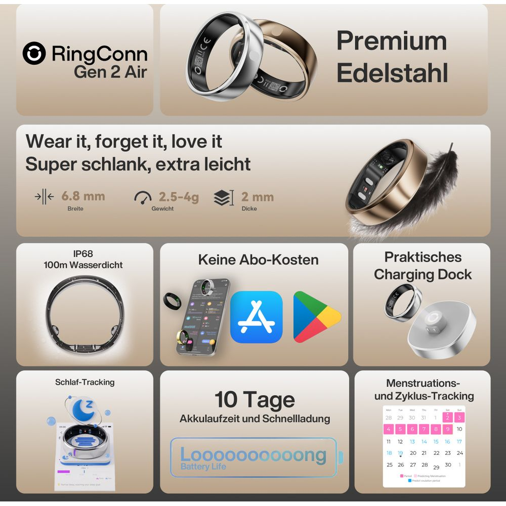 RingConn Gen 2 Air Ringe aus Edelstahl, wasserdicht, mit Lade-Dock.