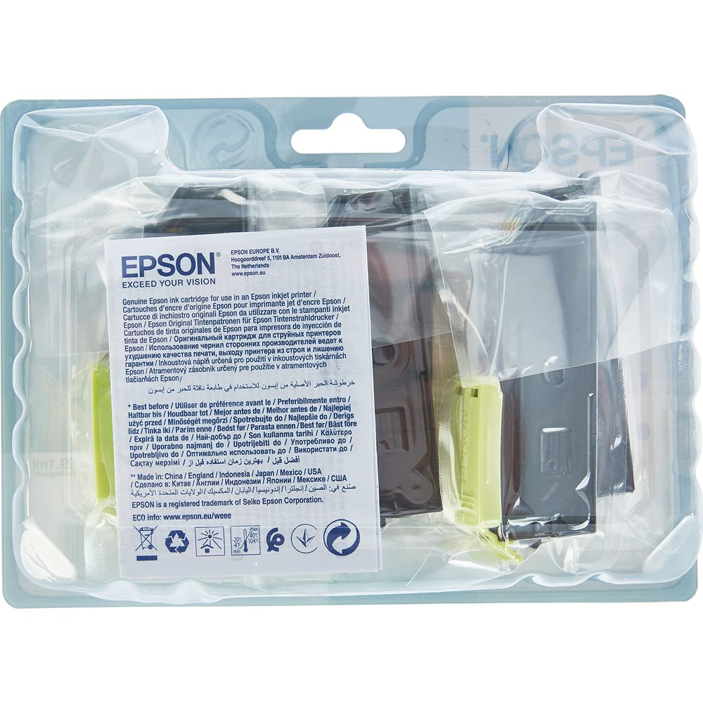 Cartouches d'encre Epson sous blister avec instructions multilingues.