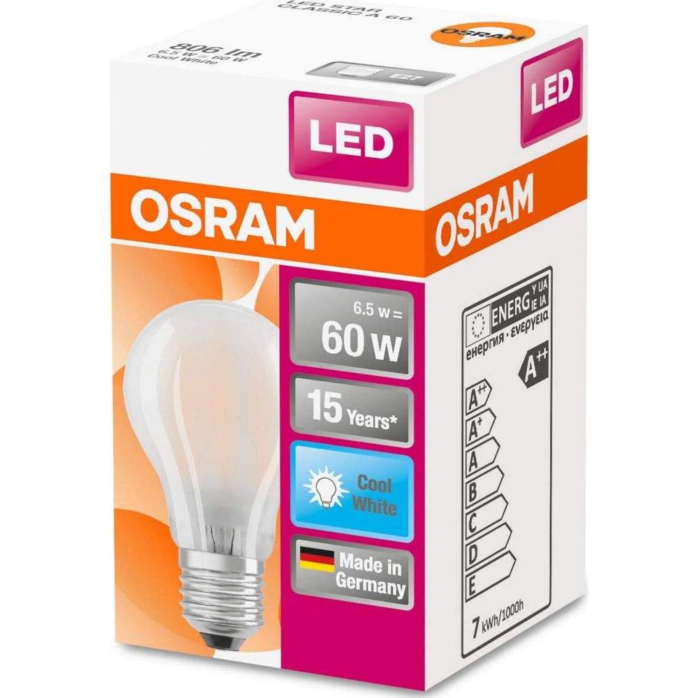 Żarówka LED OSRAM, odpowiednik 60W, zużycie 6.5W, żywotność 15 lat, Zimna Biel.