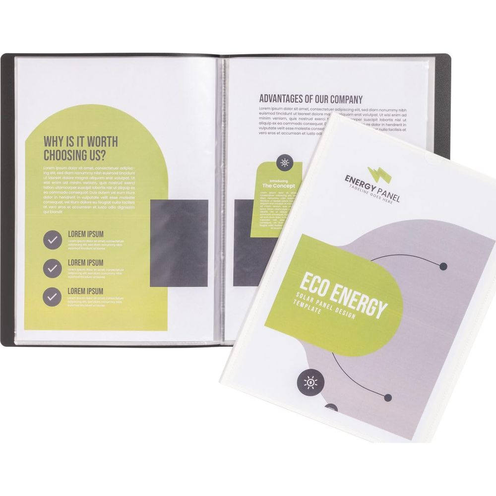 Otwarty segregator z broszurami, jedna pokazuje projekt "ECO ENERGY".