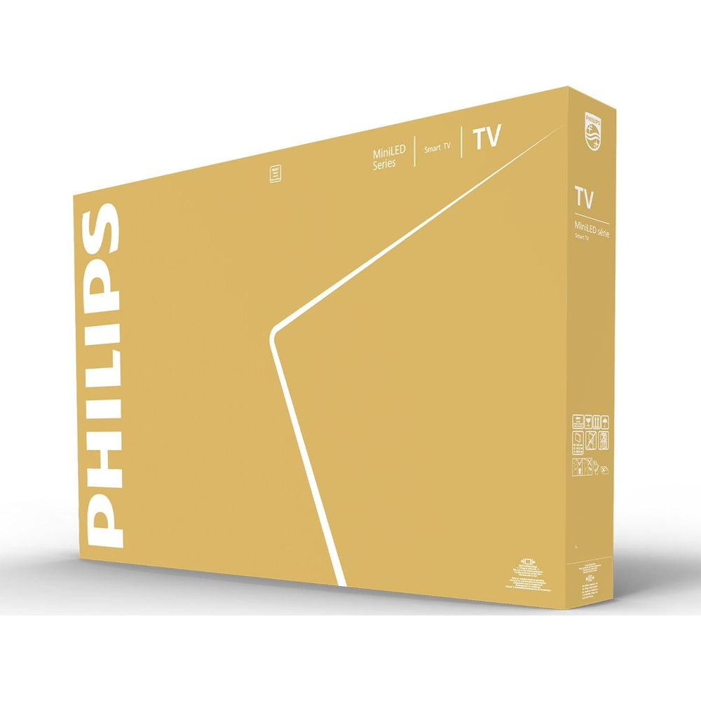 Scatola TV Philips dorata con scritte e linee bianche.