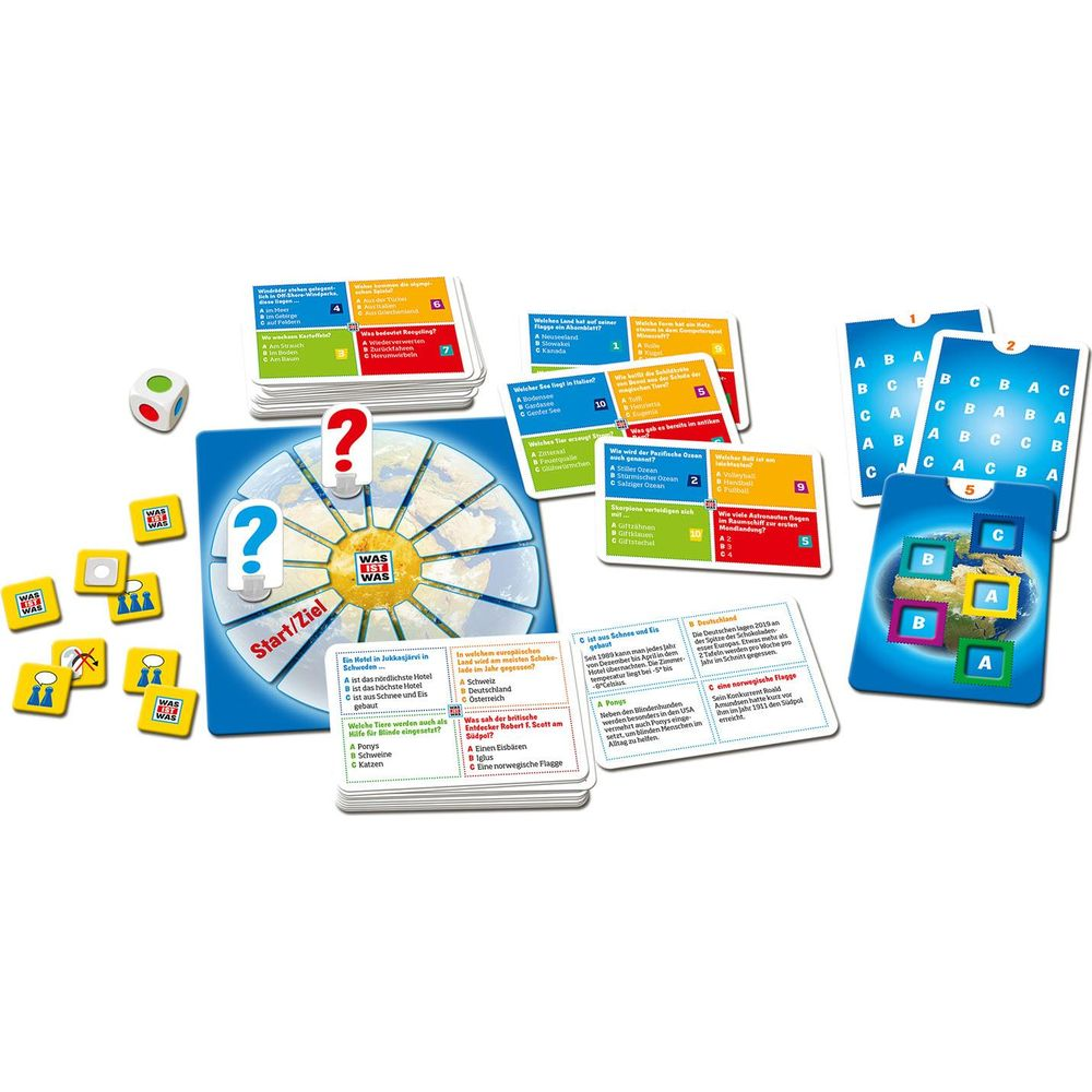 Brettspiel mit Spielbrett, Würfel, Karten und Spielfiguren. "Was ist Was" Fragen.