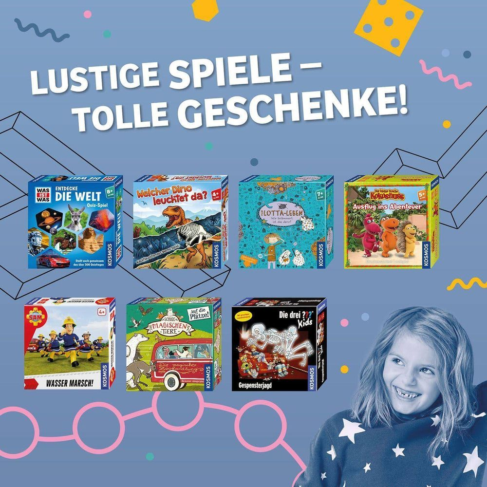 Bunte Spieleschachteln im Regal, darunter 