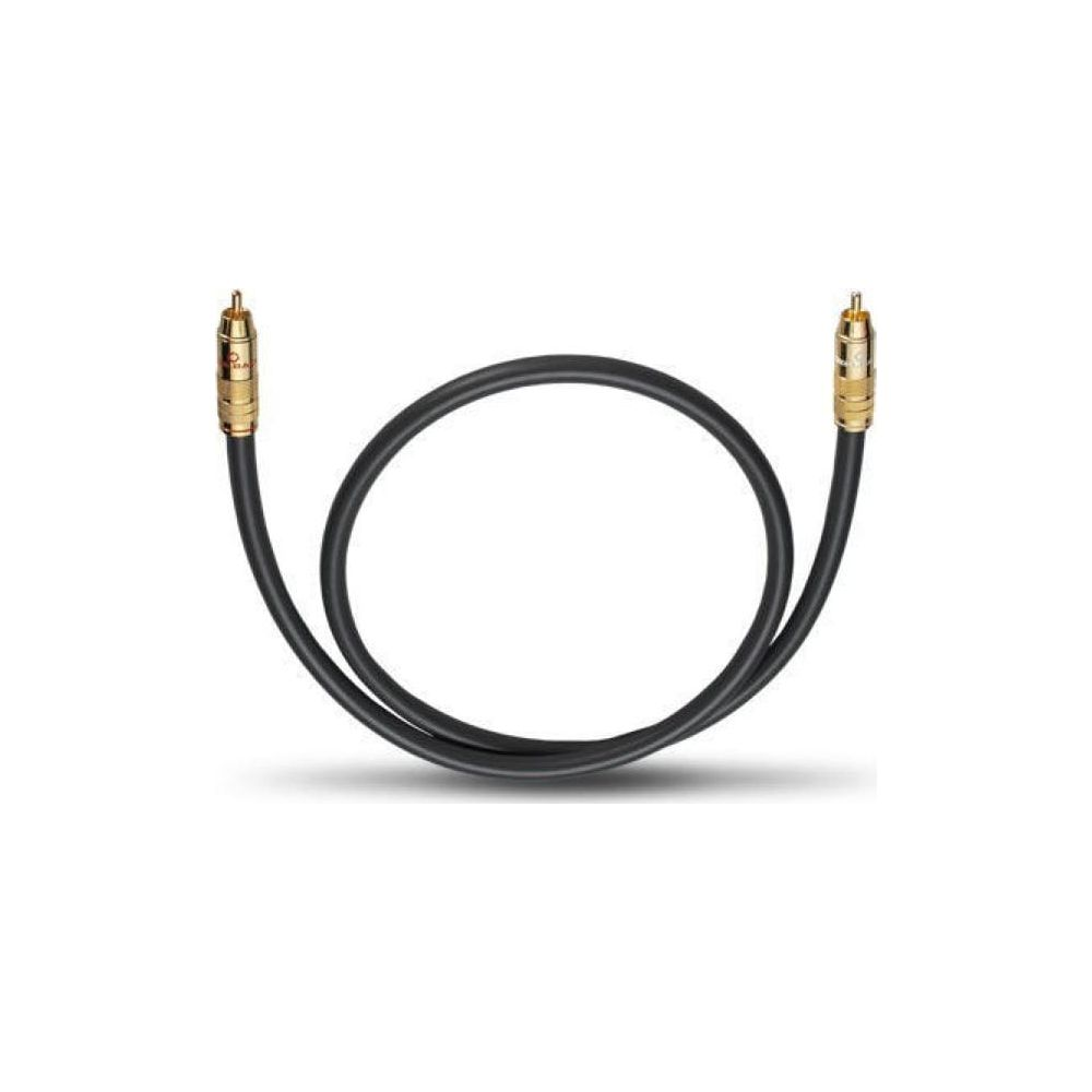 Ein schwarzes Audiokabel mit goldenen Anschlüssen auf weißem Hintergrund.