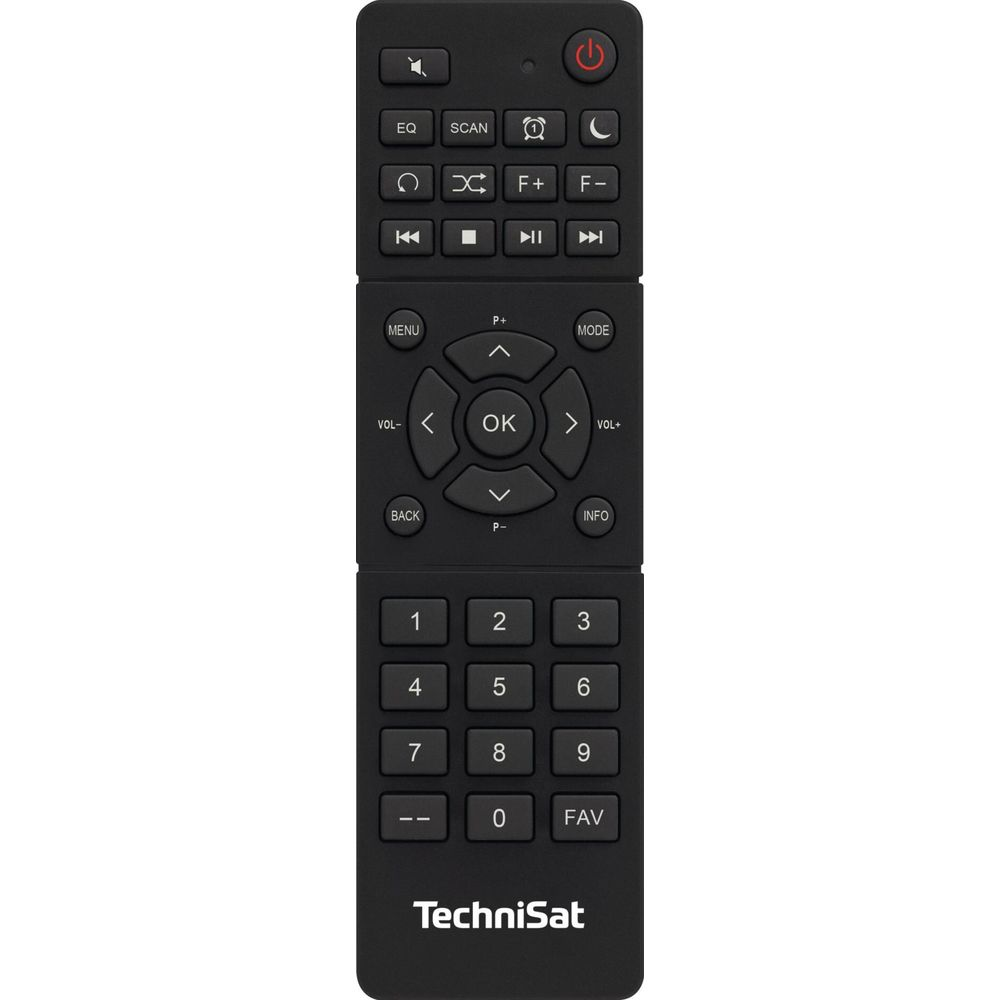 Czarny pilot TechniSat z przyciskami menu, nawigacji i cyframi.