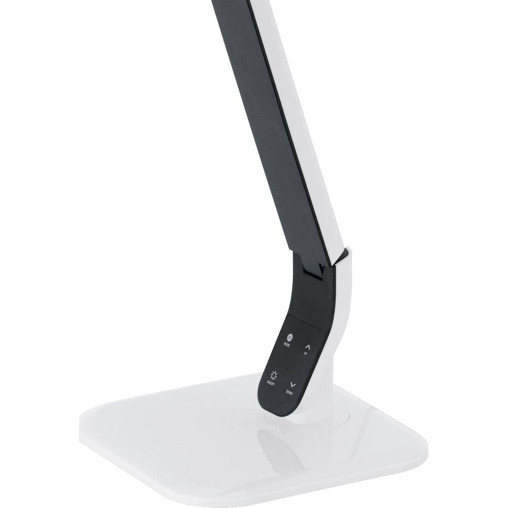 Lampe de bureau blanche avec bras noir et boutons de commande.