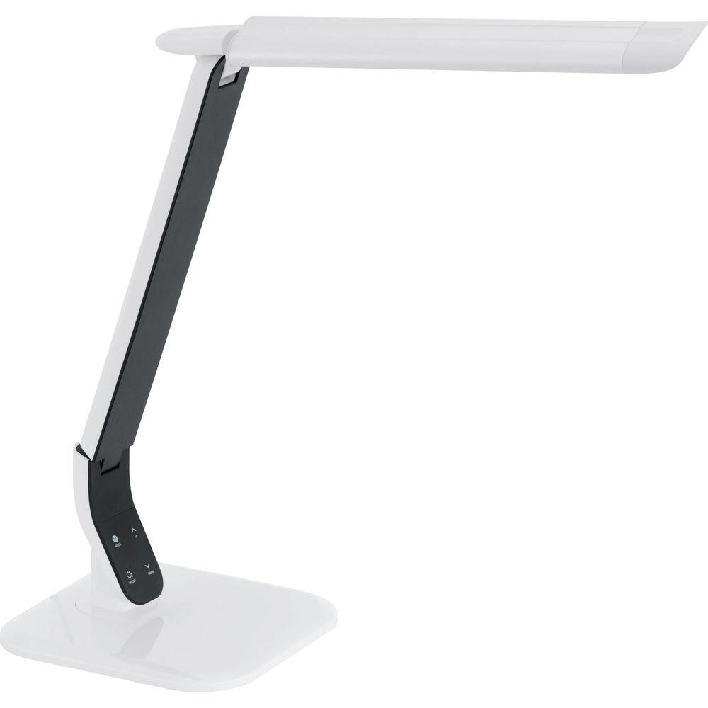 Une lampe de bureau blanche avec bras réglable et boutons de commande.