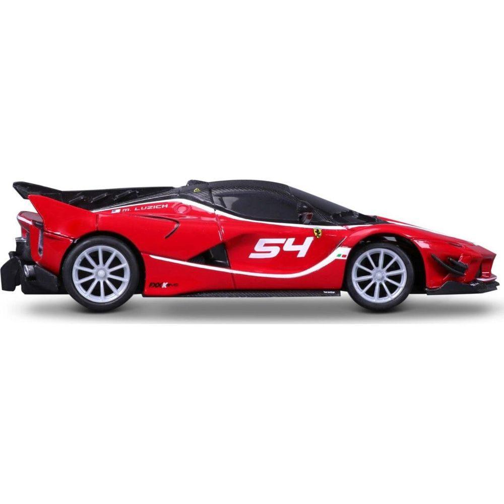 Roter Ferrari Rennwagen mit der Nummer 54, weißem Streifen und schwarzem Spoiler.