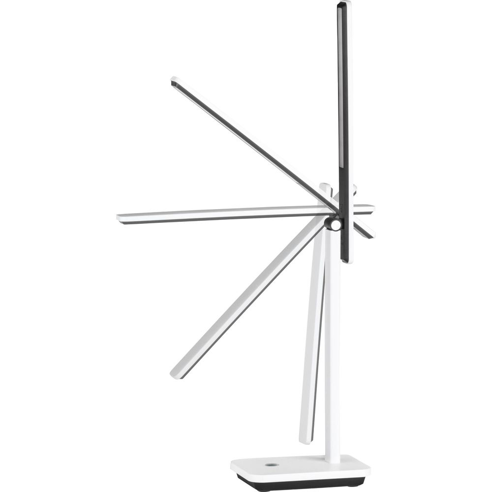 Eine weiße, moderne Schreibtischlampe mit verstellbaren Armen auf einem weißen Hintergrund.