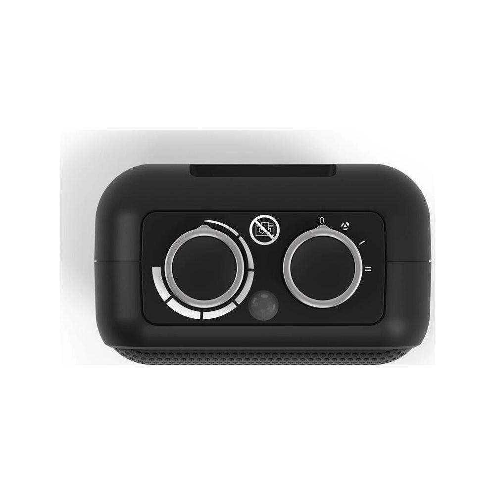 Dispositivo nero con due manopole di controllo e icone sul pannello frontale.