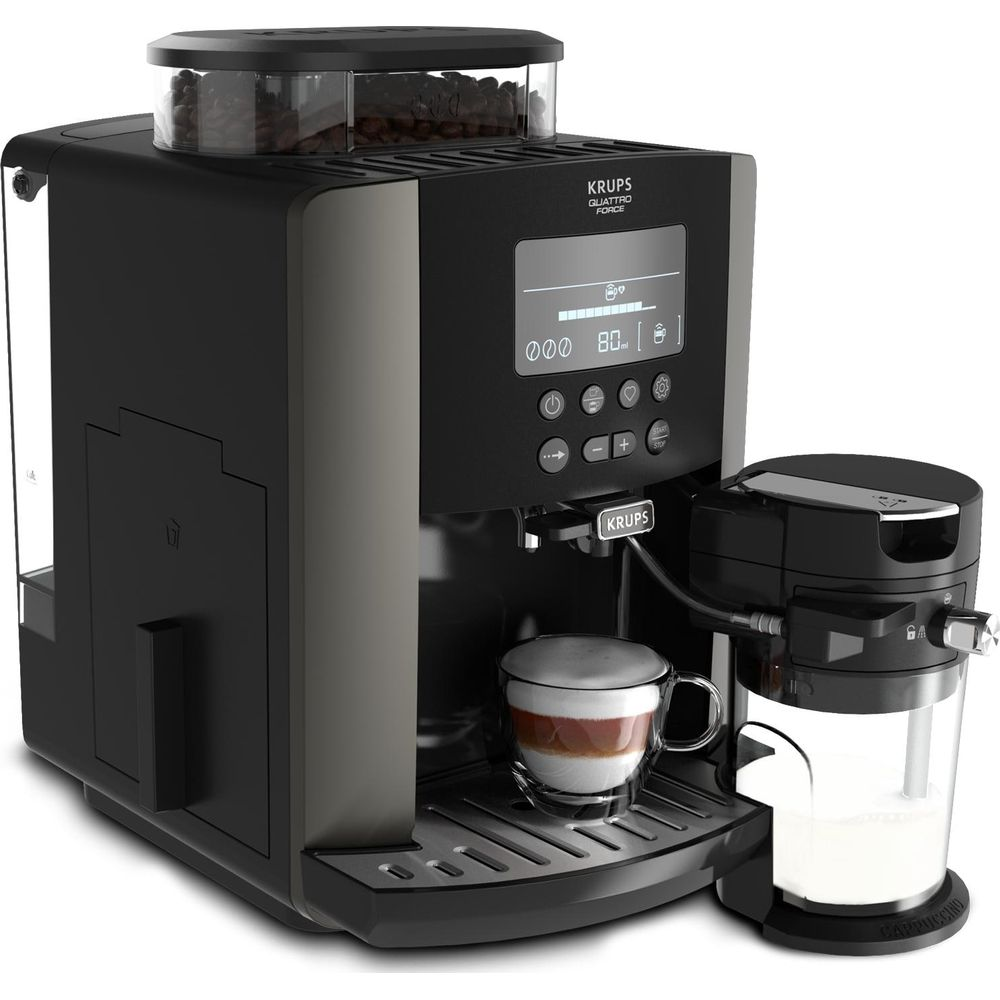 Macchina da caffè automatica Krups con contenitore latte, tazza e tramoggia.