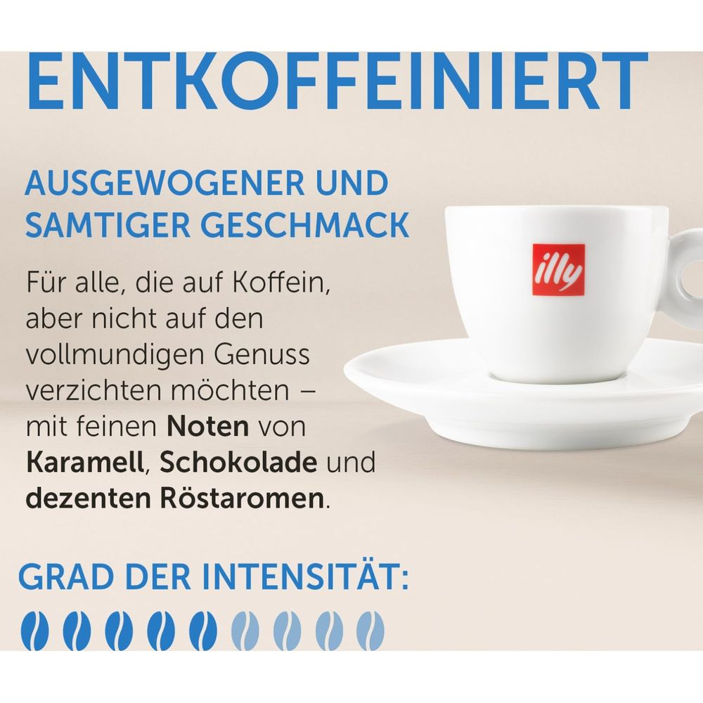 Tazzina e piattino da caffè Illy decaffeinato. Il testo pubblicizza il gusto.