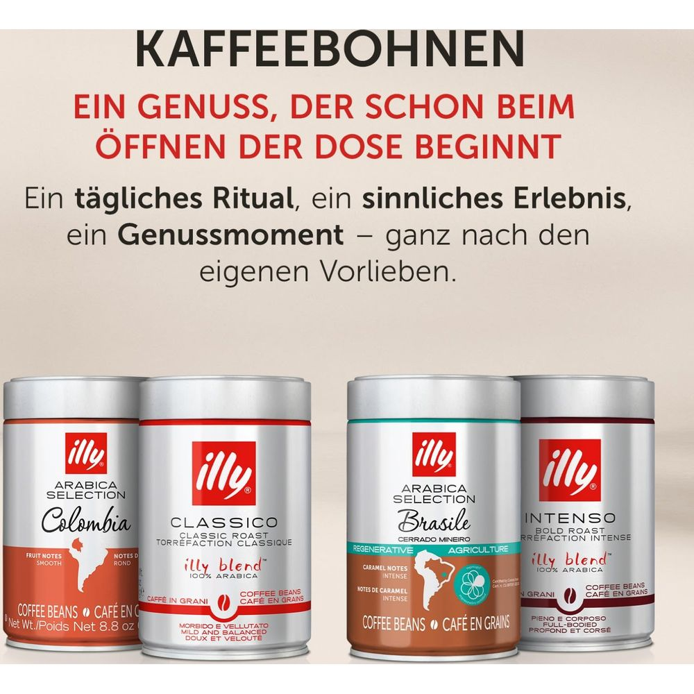 Quattro lattine di caffè Illy: Colombia, Classico, Brasile e Intenso.