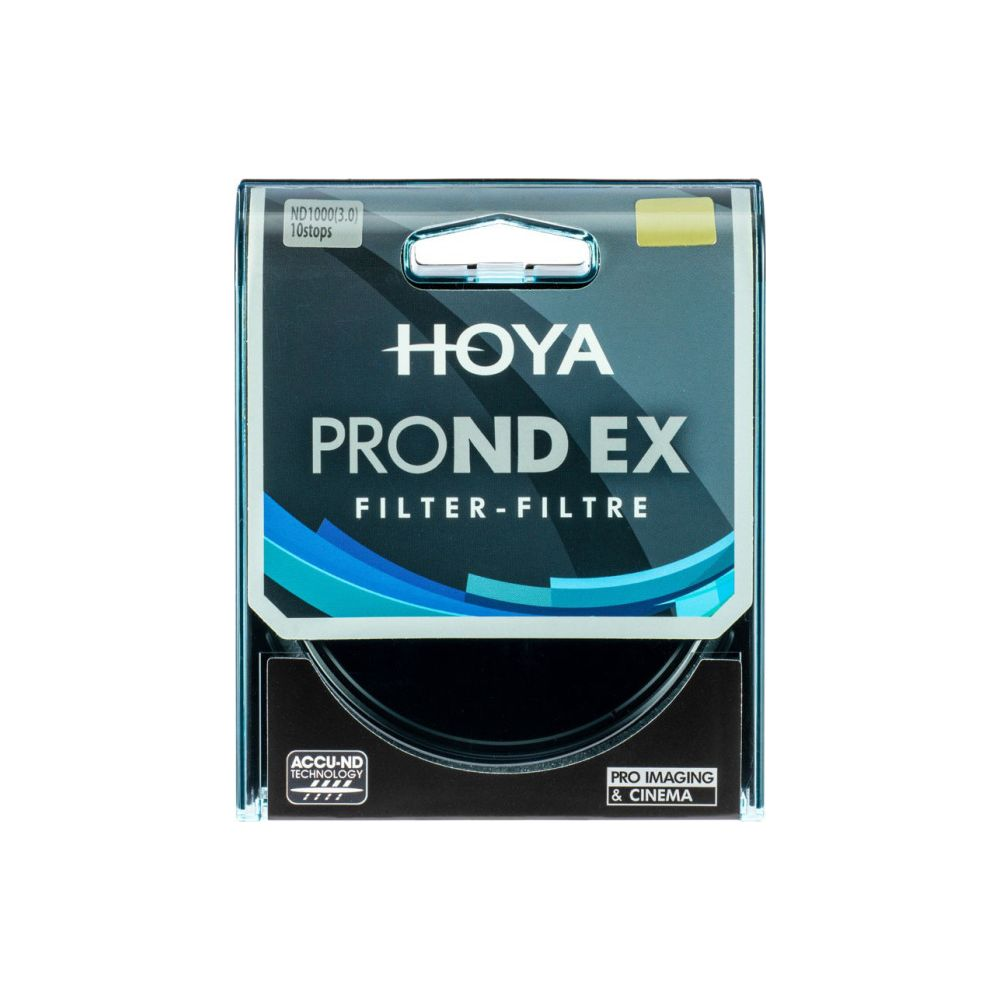 Hoya PROND EX ND1000 Filter in durchsichtiger Verpackung mit blauen Wellen.