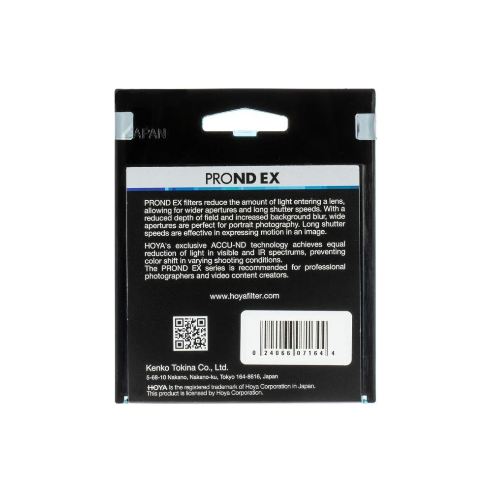 Verpackung für ein PROND EX Objektivfilter von Hoya mit Produktinformationen.