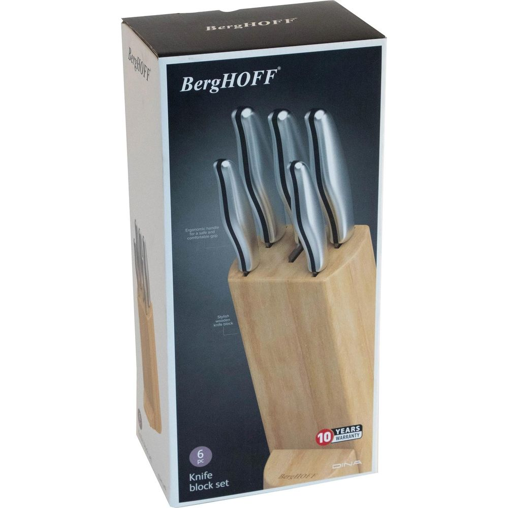 BergHOFF 6-piece knife block set with ergonomic handles and wooden block.