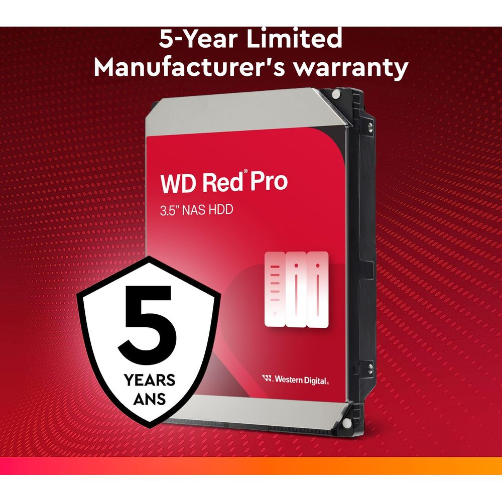 WD Red Pro 3.5" NAS HDD z 5-letnią gwarancją. Czerwona i biała grafika.