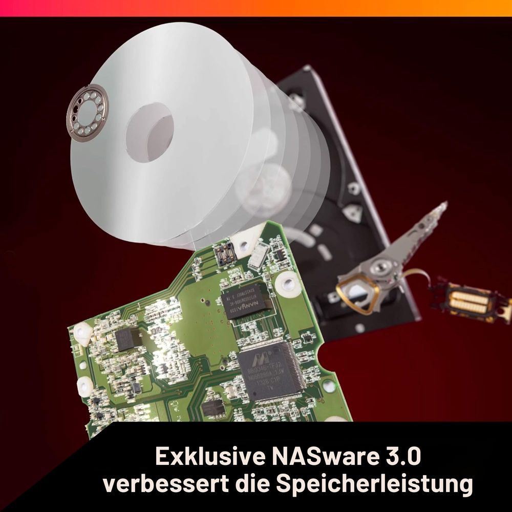 Podzespoły dysku twardego z płytkami i chipami. Tekst: Wyłączny NASware 3.0 poprawia wydajność pamięci masowej.