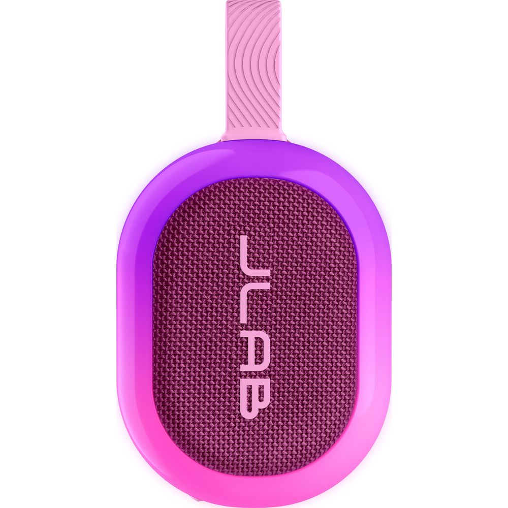 Haut-parleur ovale violet et rose avec poignée rose et logo JLAB.