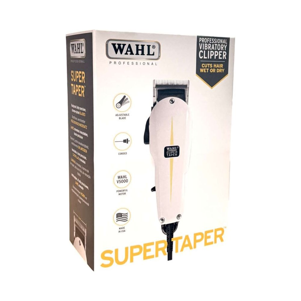 Verpackung eines Wahl Super Taper Haarschneiders mit weißem Gehäuse und gelben Akzenten.